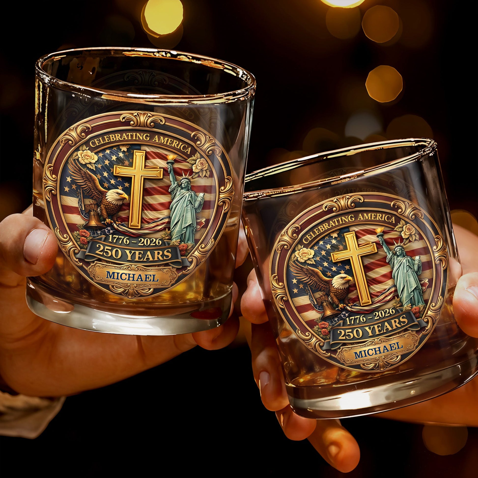 Celebrating America With Eagle Cross And Statue of Liberty Patriotic Design - Personalized Custom Whiskey Glass - INDE216_RWG