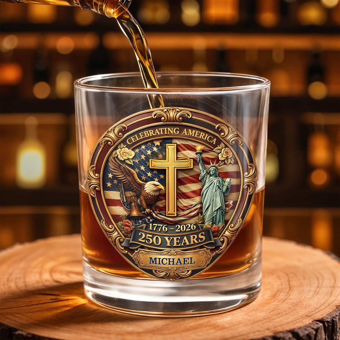 Celebrating America With Eagle Cross And Statue of Liberty Patriotic Design - Personalized Custom Whiskey Glass - INDE216_RWG