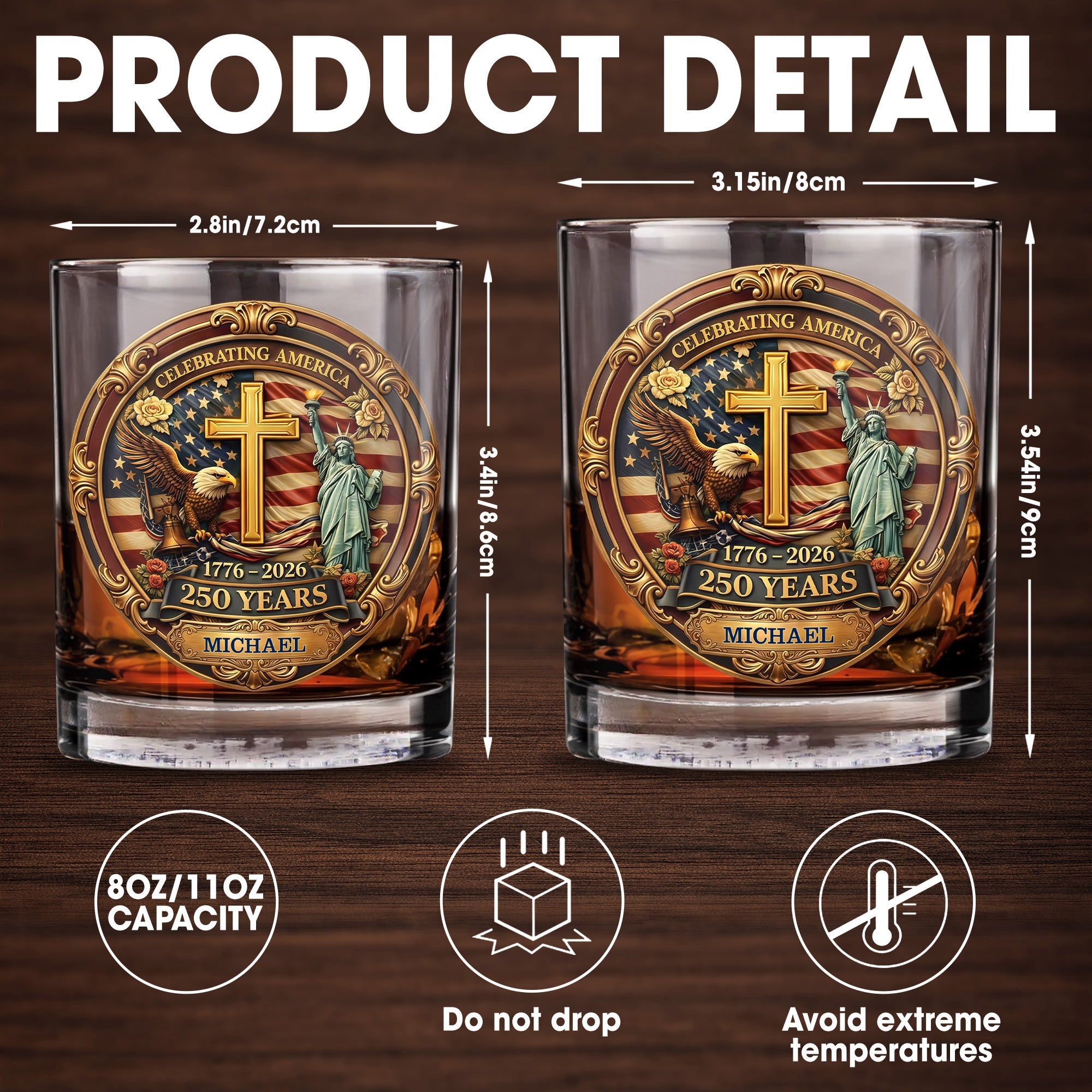 Celebrating America With Eagle Cross And Statue of Liberty Patriotic Design - Personalized Custom Whiskey Glass - INDE216_RWG