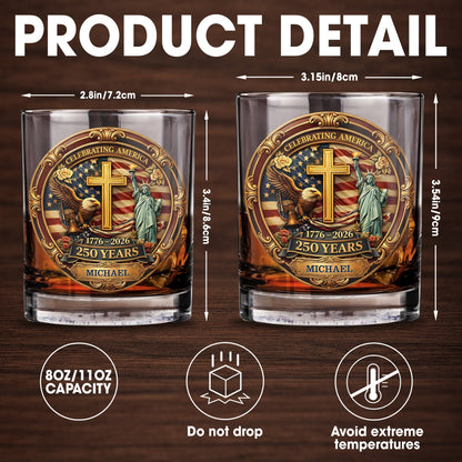 Celebrating America With Eagle Cross And Statue of Liberty Patriotic Design - Personalized Custom Whiskey Glass - INDE216_RWG