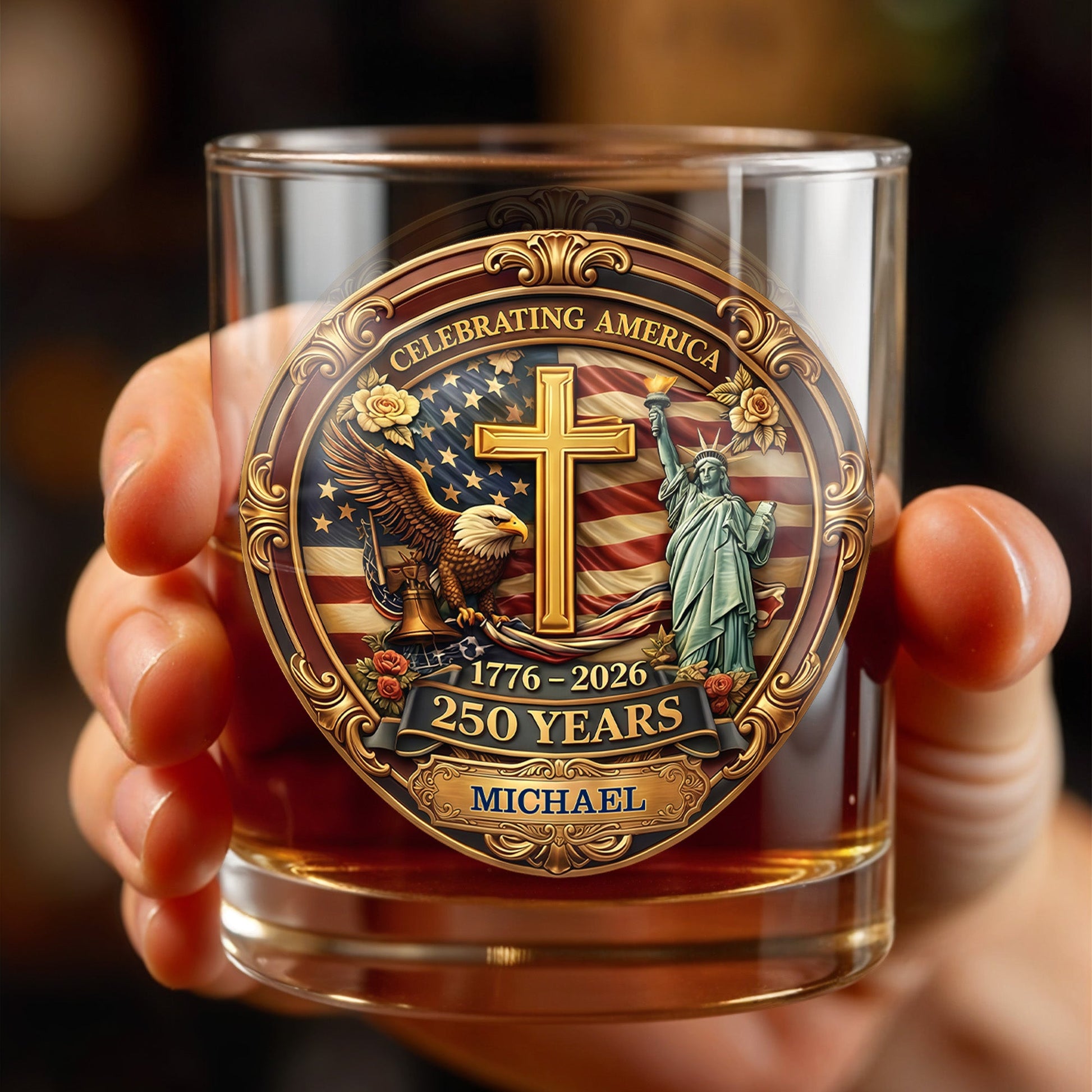 Celebrating America With Eagle Cross And Statue of Liberty Patriotic Design - Personalized Custom Whiskey Glass - INDE216_RWG