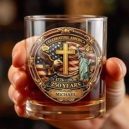 Celebrating America With Eagle Cross And Statue of Liberty Patriotic Design - Personalized Custom Whiskey Glass - INDE216_RWG