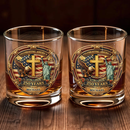 Celebrating America With Eagle Cross And Statue of Liberty Patriotic Design - Personalized Custom Whiskey Glass - INDE216_RWG