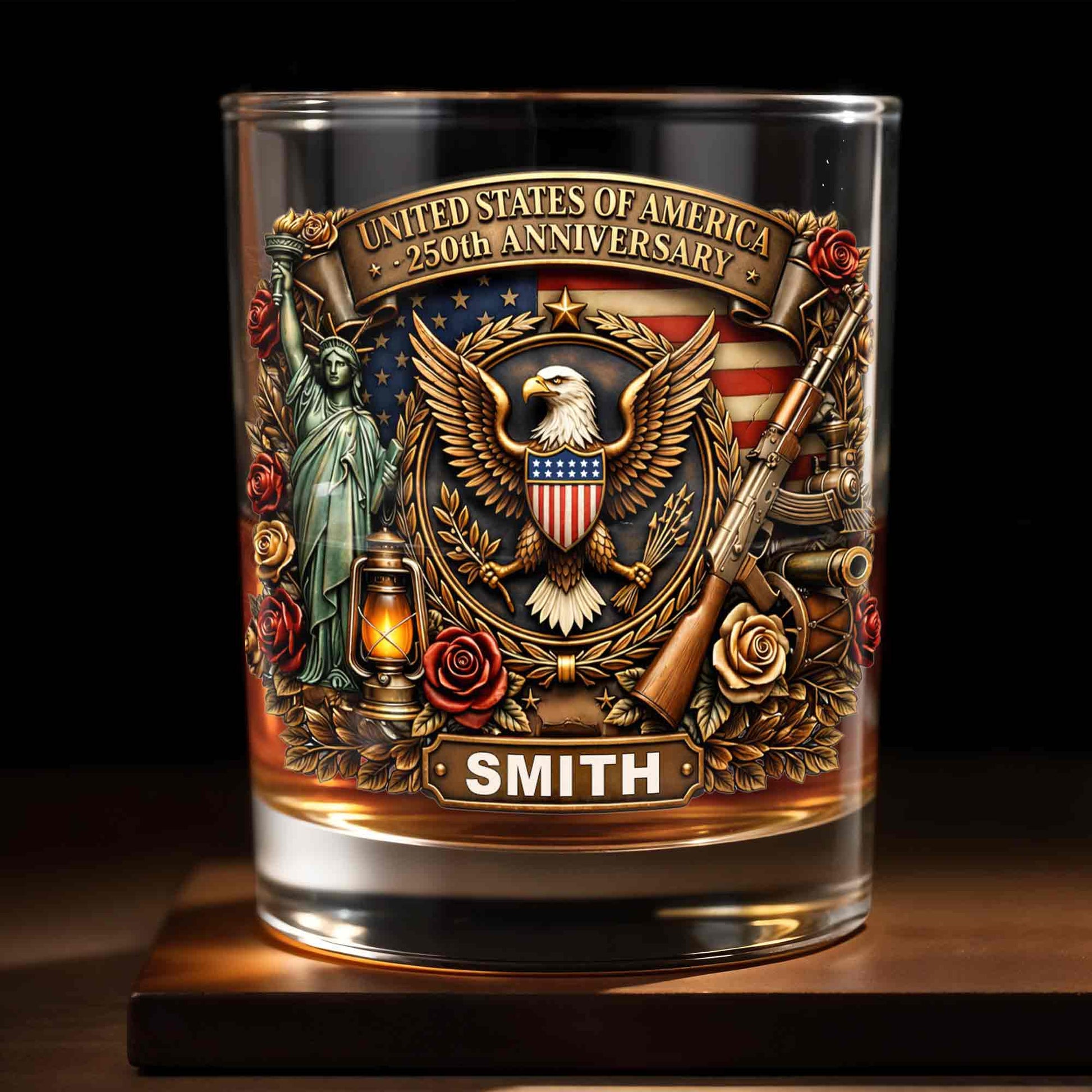 United States Of America 250th Anniversary Eagle And Statue Of Liberty Design - Personalized Custom Whiskey Glass - INDE231_RWG