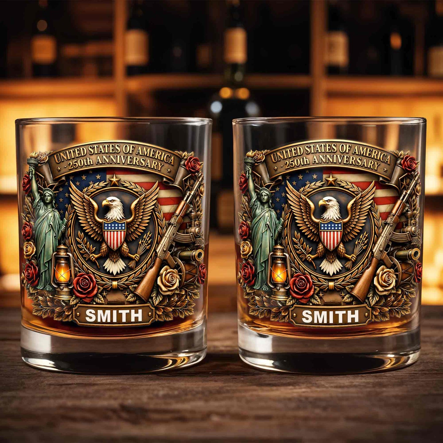 United States Of America 250th Anniversary Eagle And Statue Of Liberty Design - Personalized Custom Whiskey Glass - INDE231_RWG