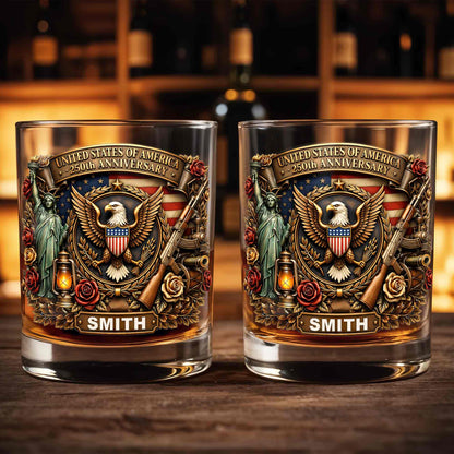 United States Of America 250th Anniversary Eagle And Statue Of Liberty Design - Personalized Custom Whiskey Glass - INDE231_RWG