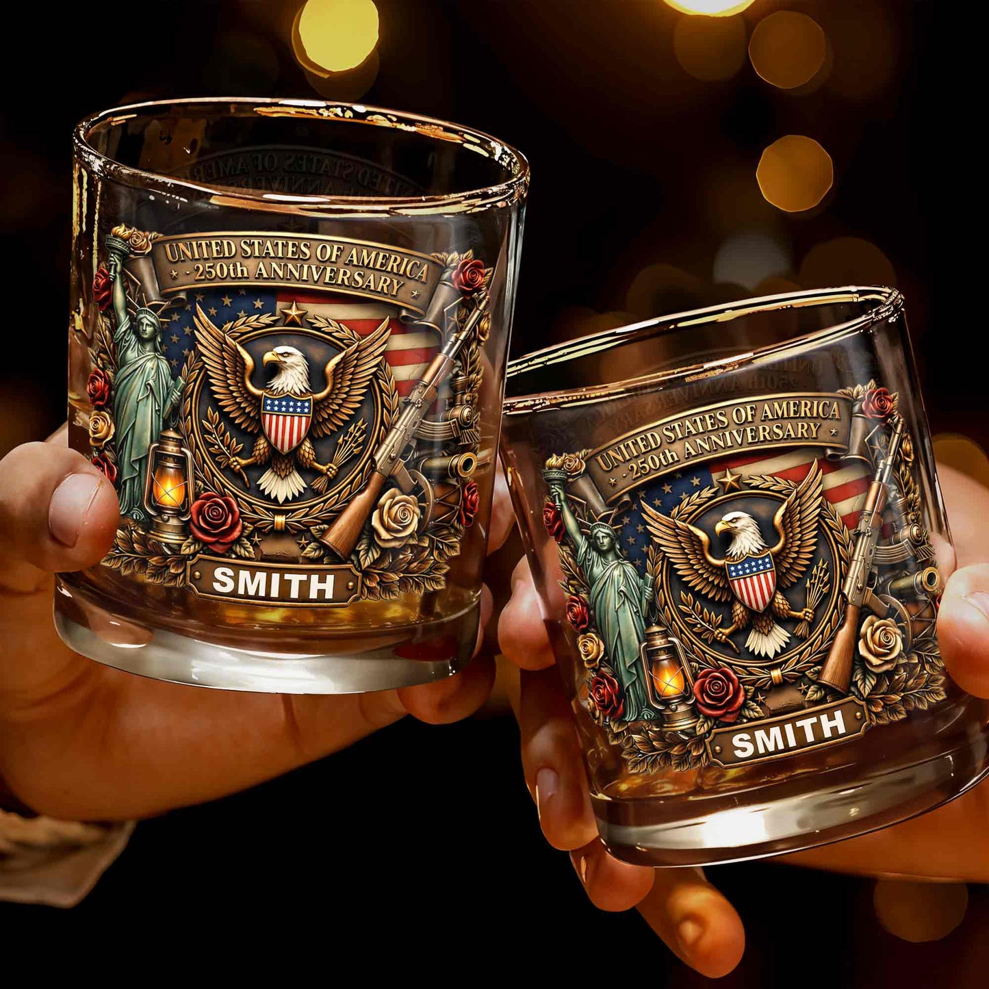 United States Of America 250th Anniversary Eagle And Statue Of Liberty Design - Personalized Custom Whiskey Glass - INDE231_RWG