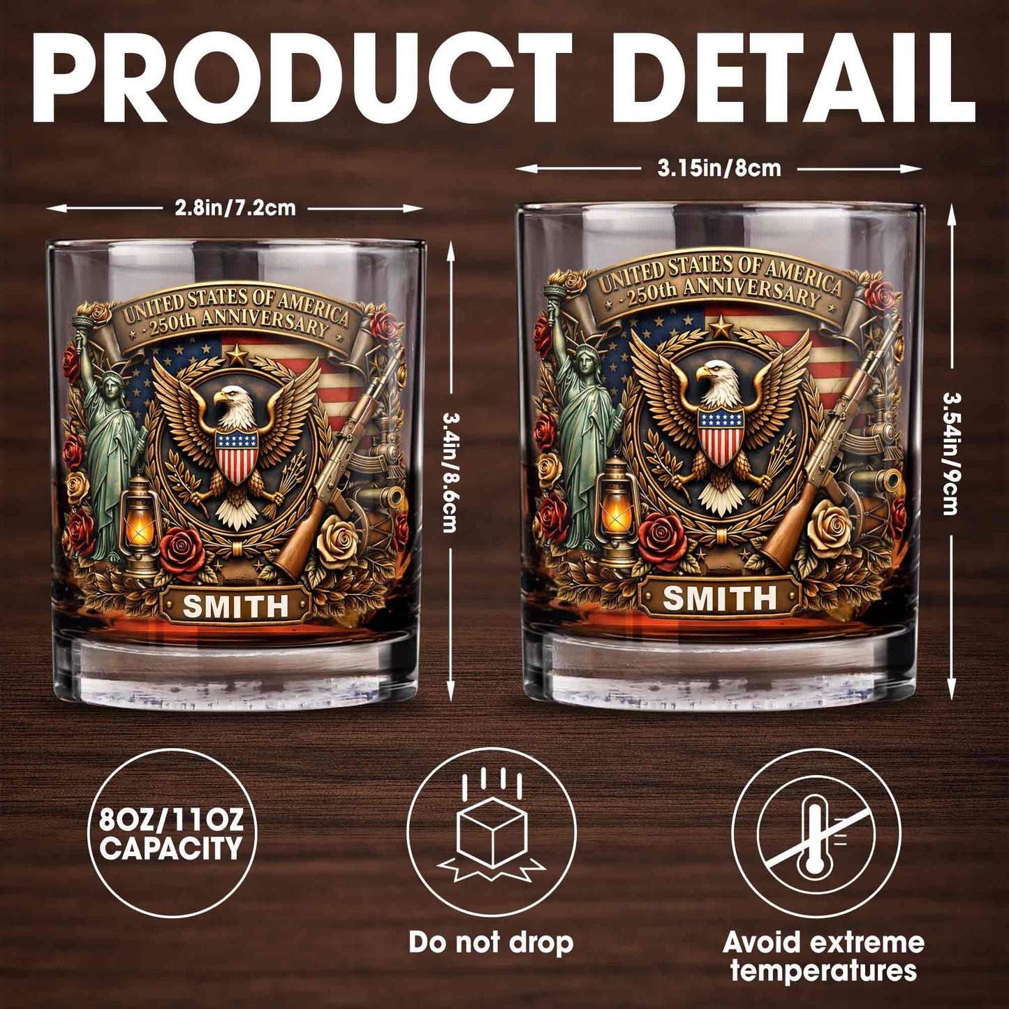 United States Of America 250th Anniversary Eagle And Statue Of Liberty Design - Personalized Custom Whiskey Glass - INDE231_RWG