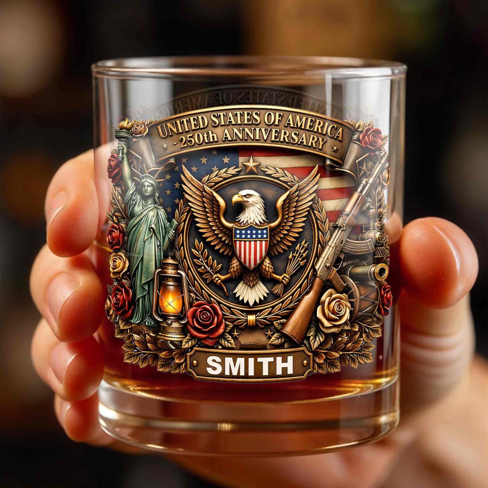 United States Of America 250th Anniversary Eagle And Statue Of Liberty Design - Personalized Custom Whiskey Glass - INDE231_RWG