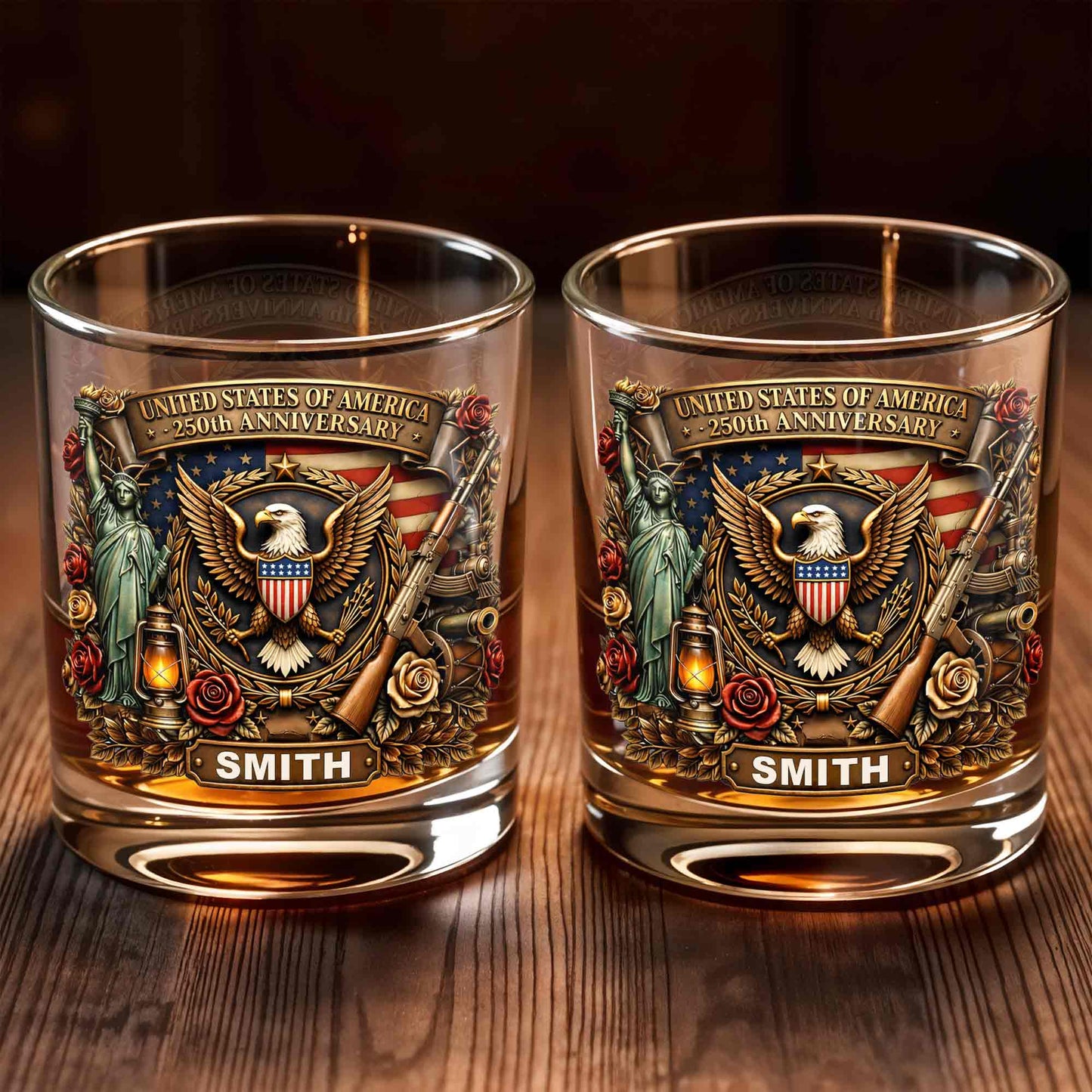 United States Of America 250th Anniversary Eagle And Statue Of Liberty Design - Personalized Custom Whiskey Glass - INDE231_RWG