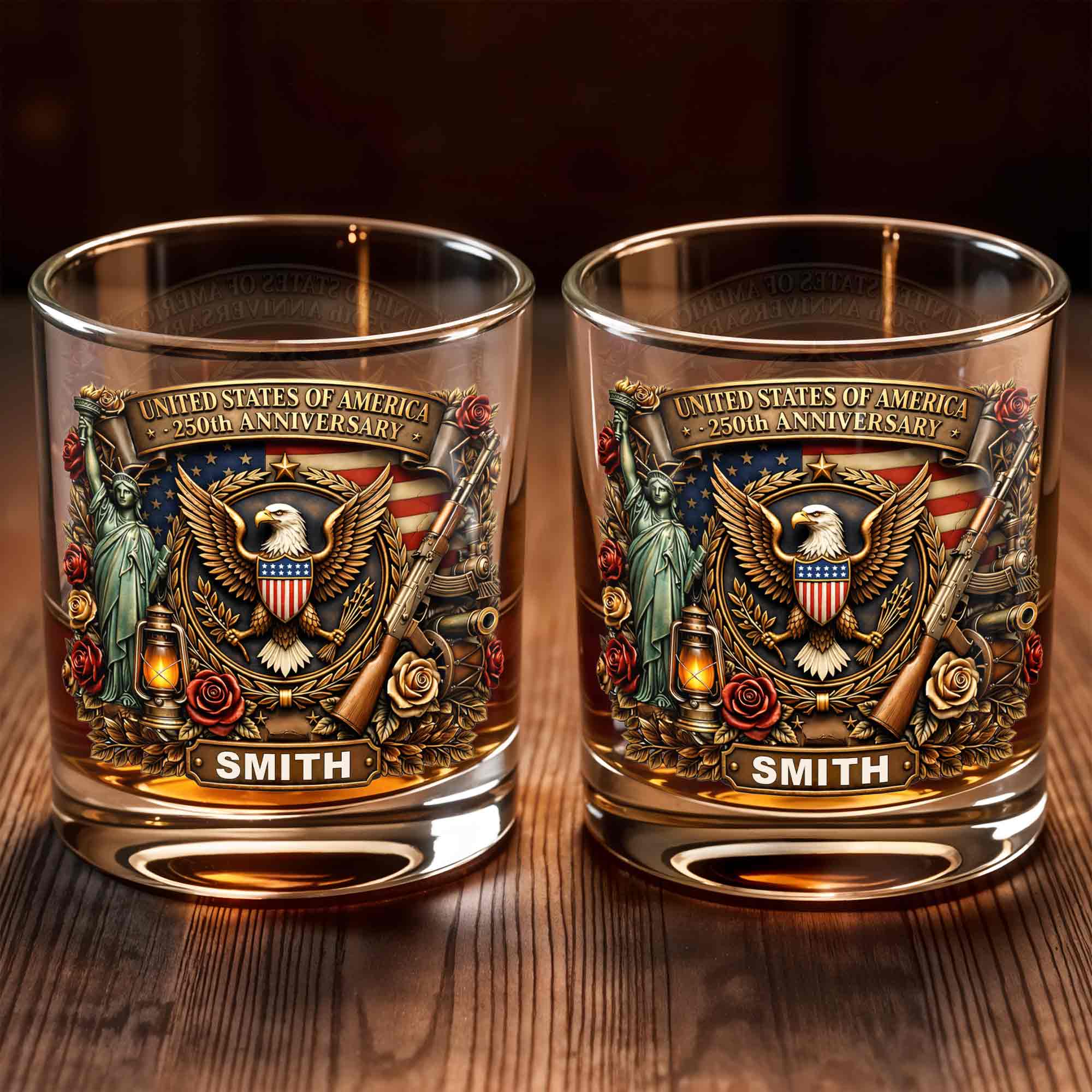 United States Of America 250th Anniversary Eagle And Statue Of Liberty Design - Personalized Custom Whiskey Glass - INDE231_RWG