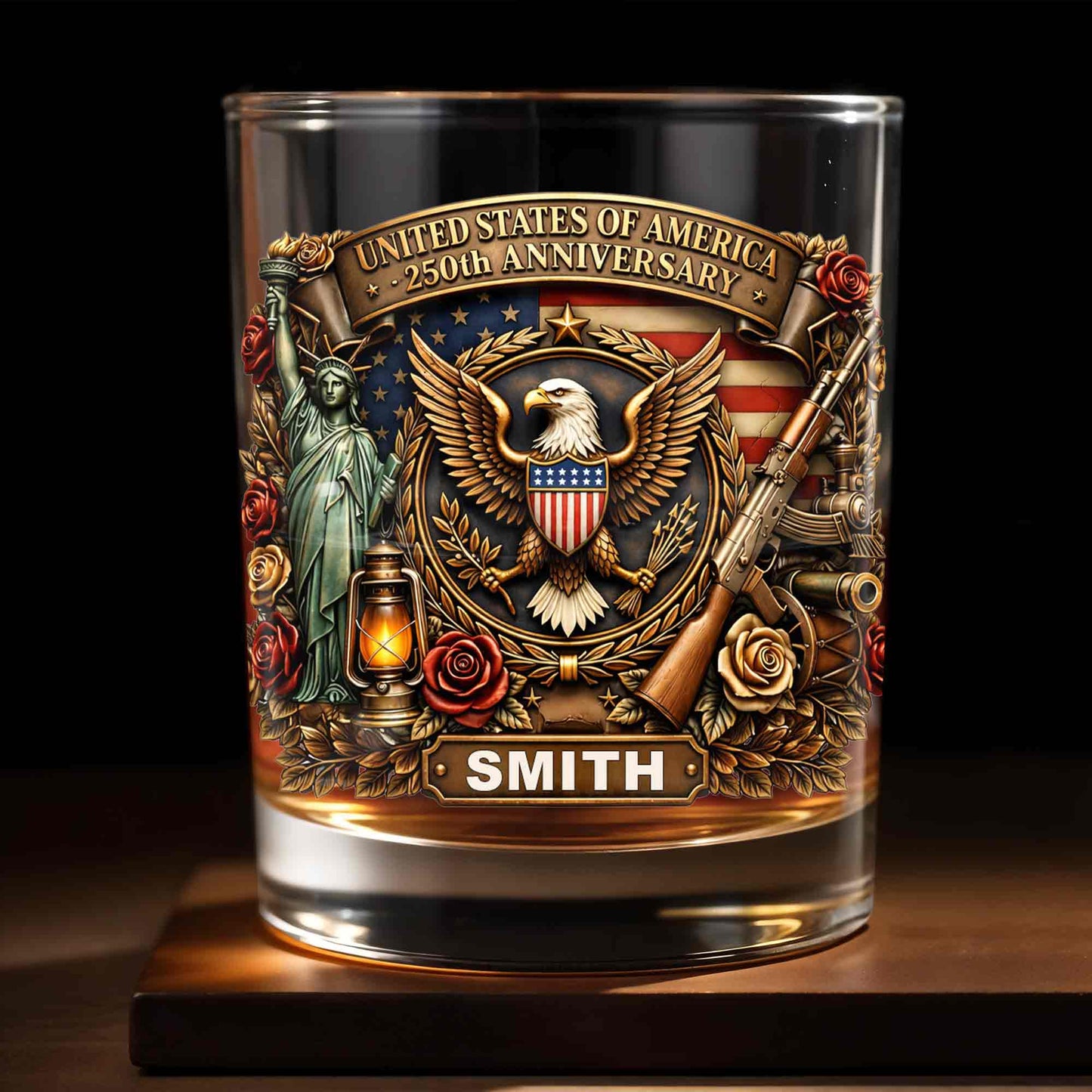 United States Of America 250th Anniversary Eagle And Statue Of Liberty Design - Personalized Custom Whiskey Glass - INDE231_RWG