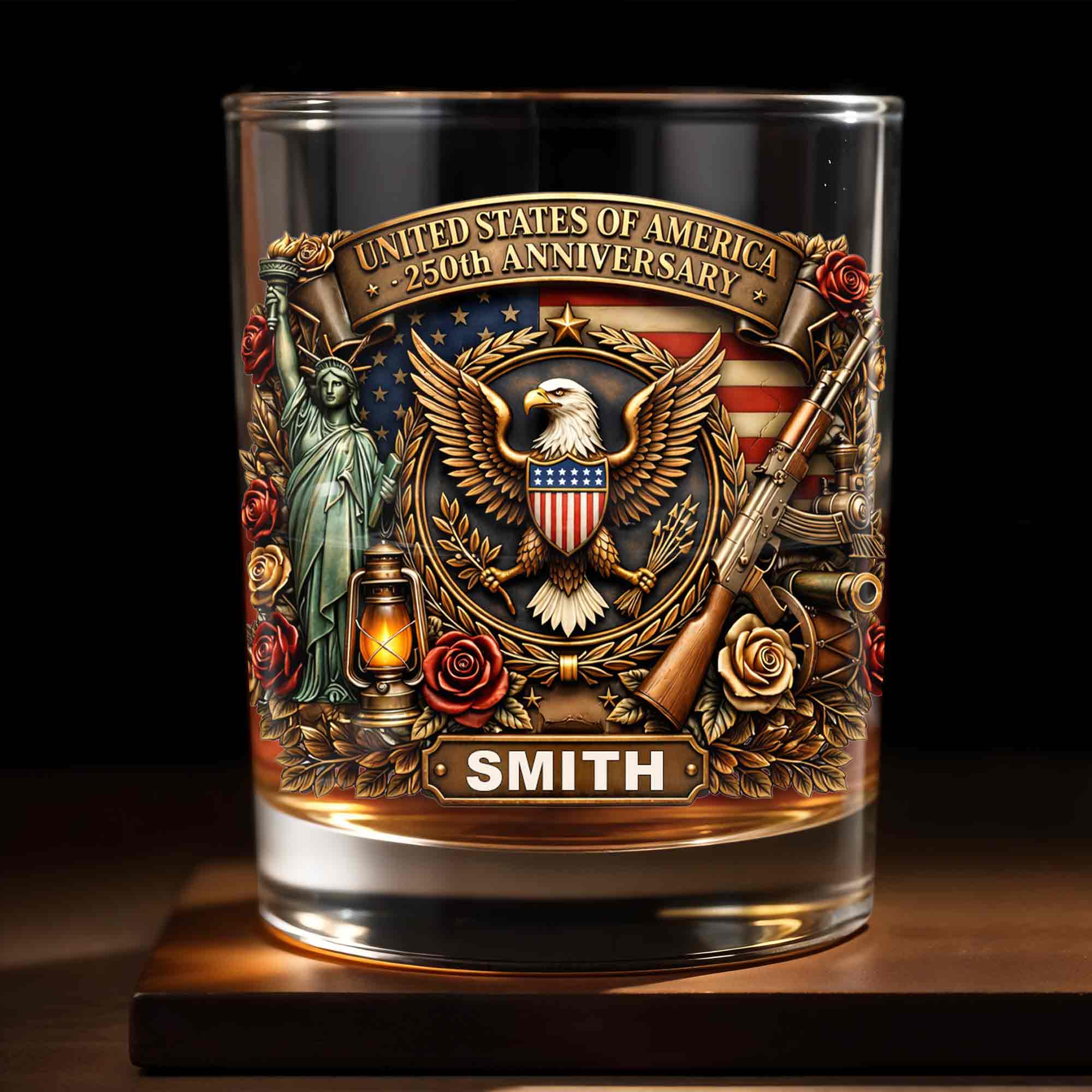United States Of America 250th Anniversary Eagle And Statue Of Liberty Design - Personalized Custom Whiskey Glass - INDE231_RWG