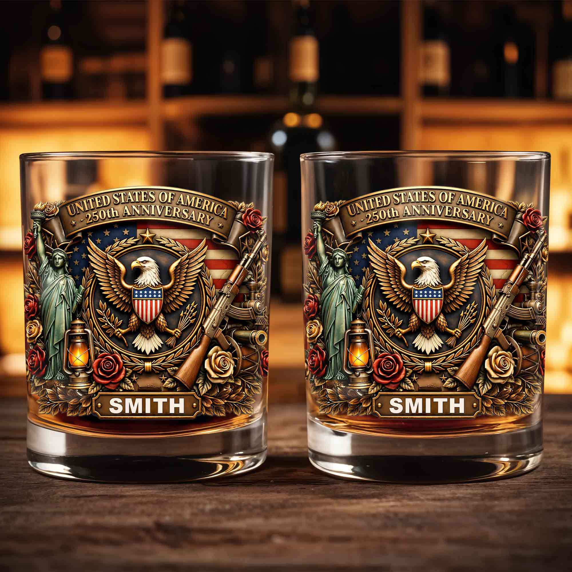 United States Of America 250th Anniversary Eagle And Statue Of Liberty Design - Personalized Custom Whiskey Glass - INDE231_RWG