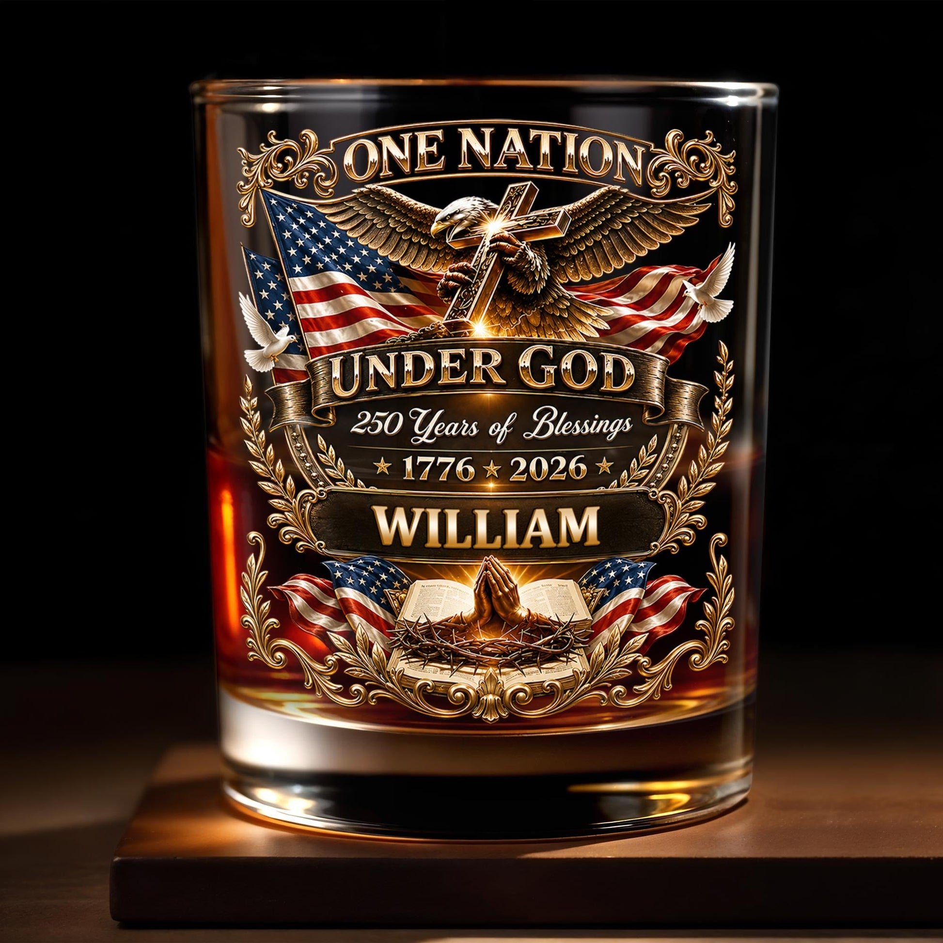 One Nation Under God With Eagle Cross And American Flag - Personalized Custom Whiskey Glass - INDE246_RWG