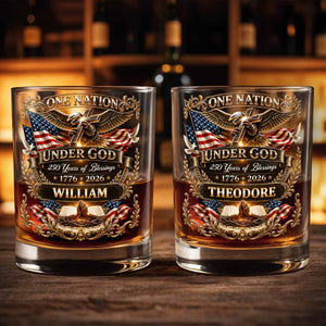One Nation Under God With Eagle Cross And American Flag - Personalized Custom Whiskey Glass - INDE246_RWG