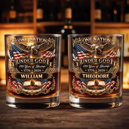 One Nation Under God With Eagle Cross And American Flag - Personalized Custom Whiskey Glass - INDE246_RWG