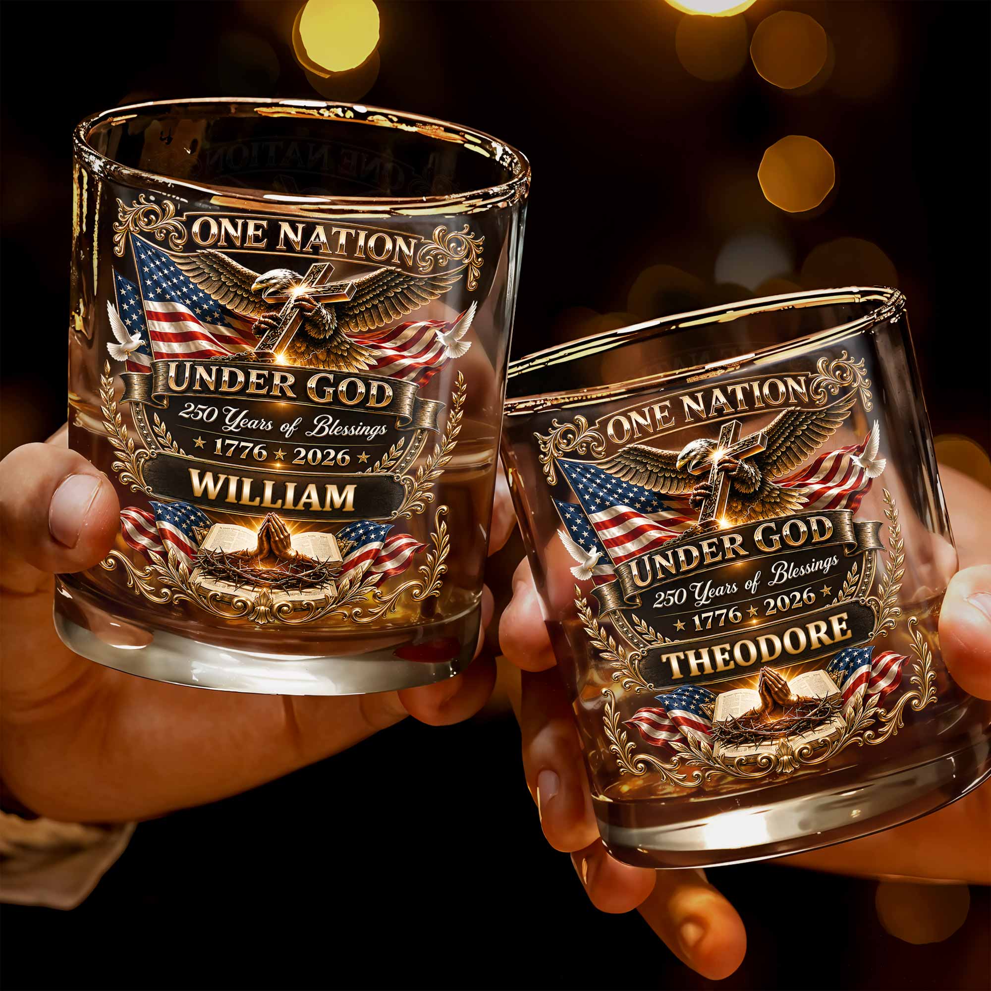 One Nation Under God With Eagle Cross And American Flag - Personalized Custom Whiskey Glass - INDE246_RWG