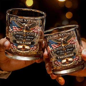 One Nation Under God With Eagle Cross And American Flag - Personalized Custom Whiskey Glass - INDE246_RWG
