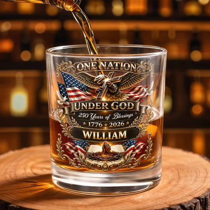 One Nation Under God With Eagle Cross And American Flag - Personalized Custom Whiskey Glass - INDE246_RWG