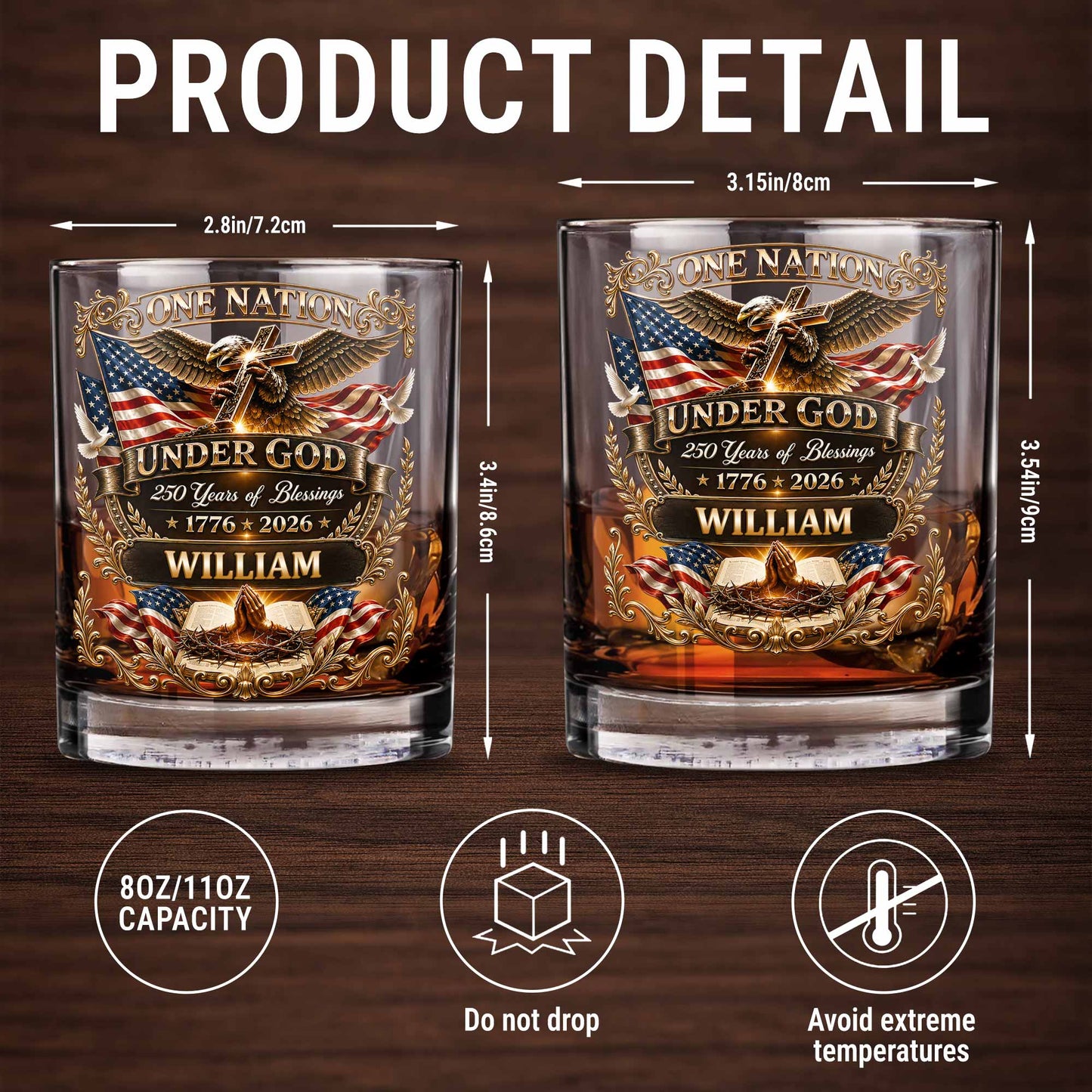 One Nation Under God With Eagle Cross And American Flag - Personalized Custom Whiskey Glass - INDE246_RWG