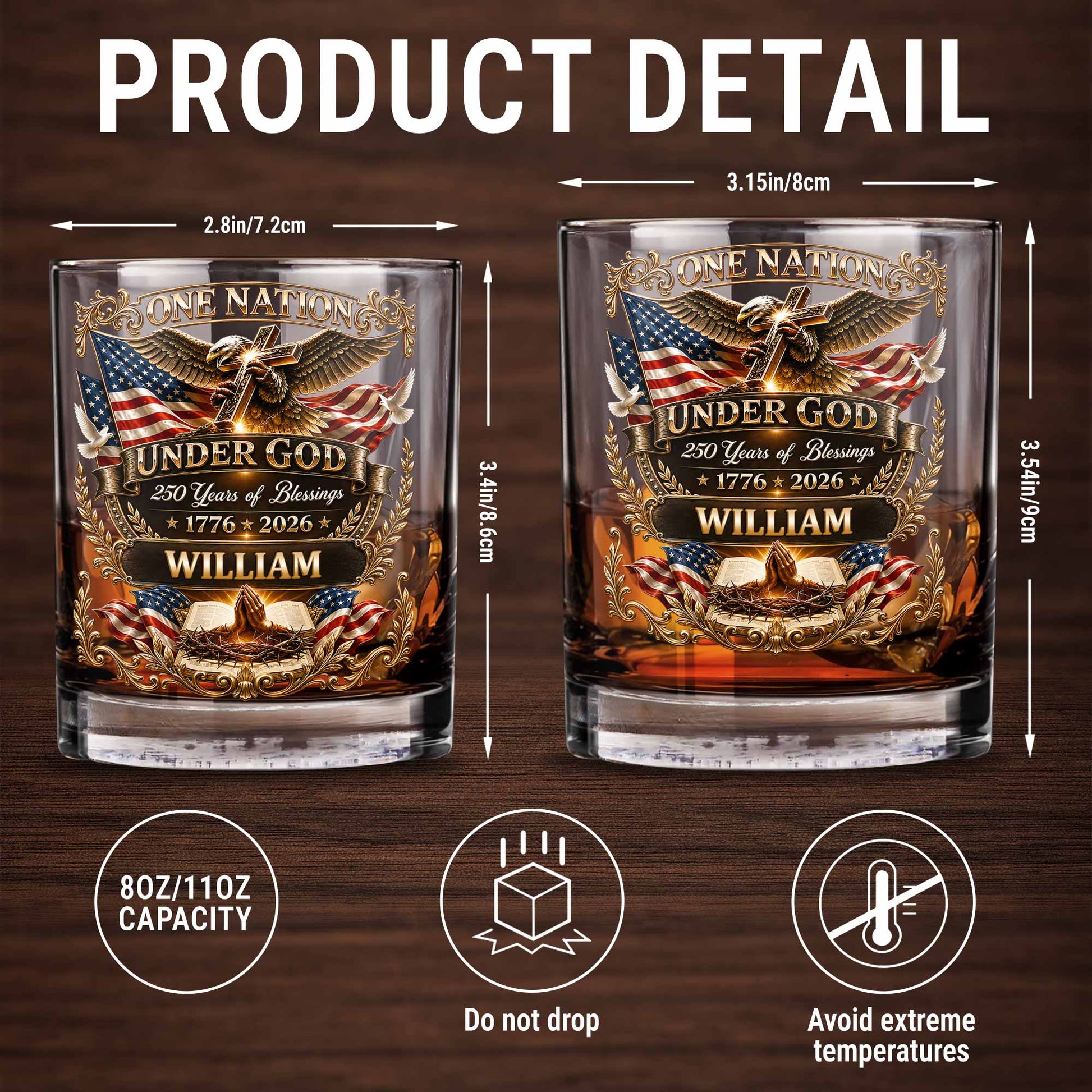 One Nation Under God With Eagle Cross And American Flag - Personalized Custom Whiskey Glass - INDE246_RWG