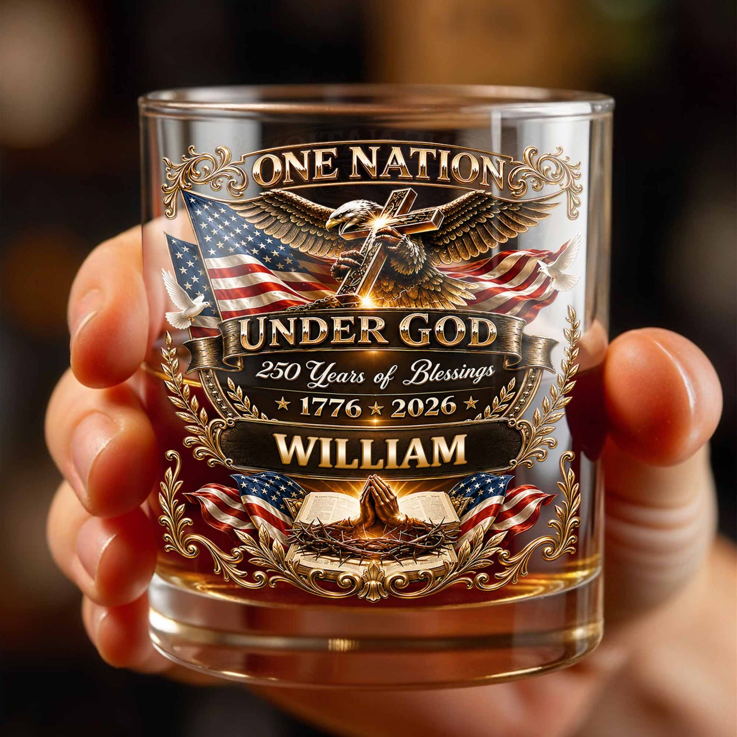 One Nation Under God With Eagle Cross And American Flag - Personalized Custom Whiskey Glass - INDE246_RWG