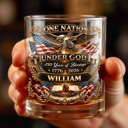 One Nation Under God With Eagle Cross And American Flag - Personalized Custom Whiskey Glass - INDE246_RWG