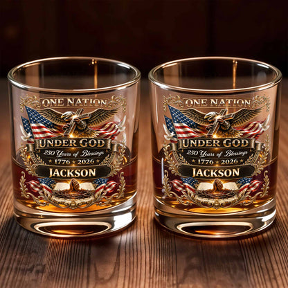 One Nation Under God With Eagle Cross And American Flag - Personalized Custom Whiskey Glass - INDE246_RWG