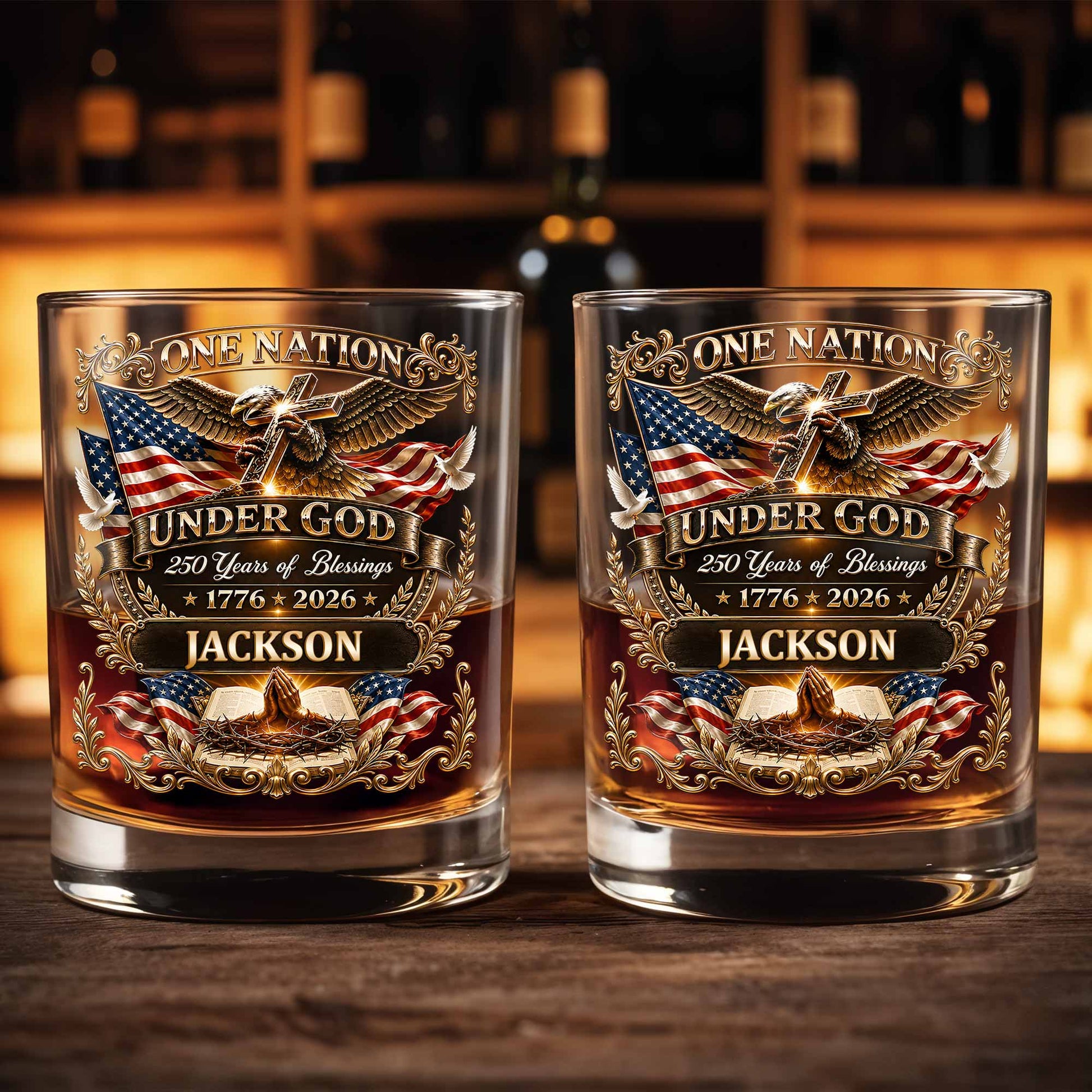 One Nation Under God With Eagle Cross And American Flag - Personalized Custom Whiskey Glass - INDE246_RWG