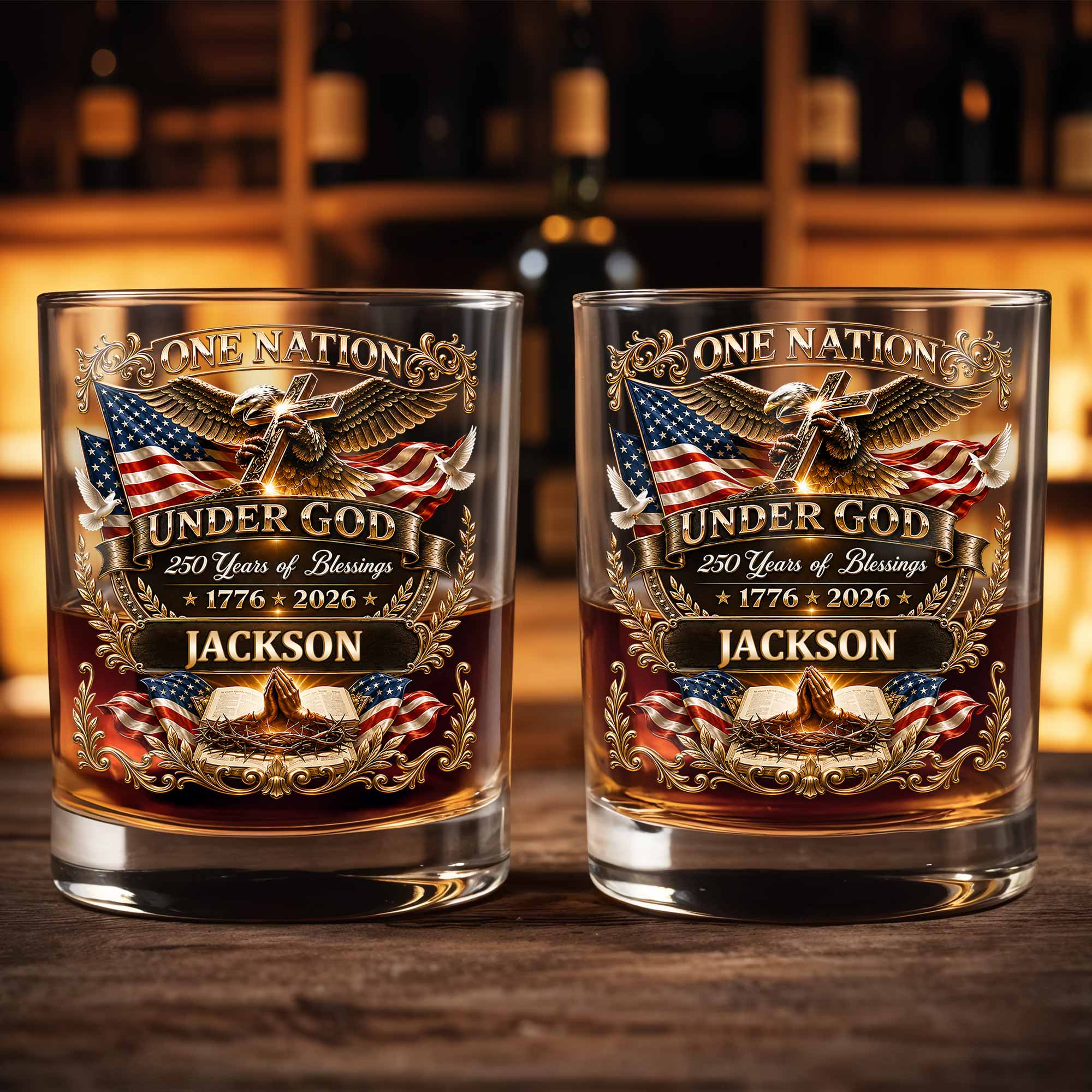 One Nation Under God With Eagle Cross And American Flag - Personalized Custom Whiskey Glass - INDE246_RWG