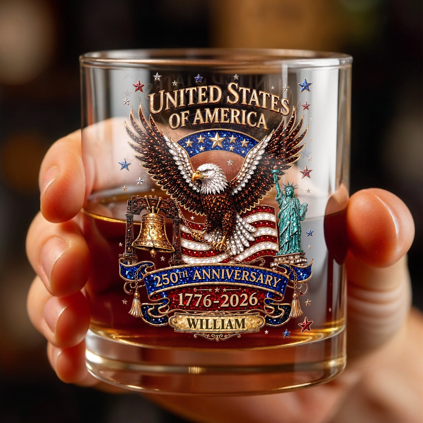 United States Of America Anniversary Eagle Flag Statue Of Liberty - Personalized Custom Whiskey Glass - INDE308_RWG