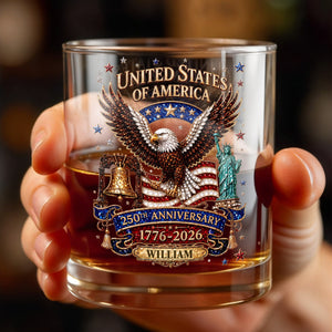 United States Of America Anniversary Eagle Flag Statue Of Liberty - Personalized Custom Whiskey Glass - INDE308_RWG
