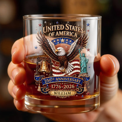 United States Of America Anniversary Eagle Flag Statue Of Liberty - Personalized Custom Whiskey Glass - INDE308_RWG