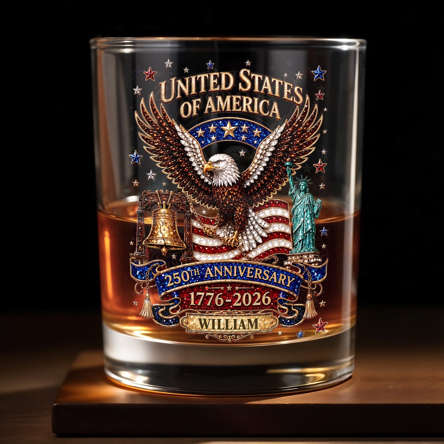 United States Of America Anniversary Eagle Flag Statue Of Liberty - Personalized Custom Whiskey Glass - INDE308_RWG