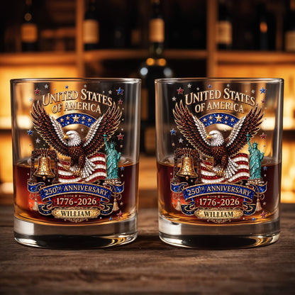 United States Of America Anniversary Eagle Flag Statue Of Liberty - Personalized Custom Whiskey Glass - INDE308_RWG