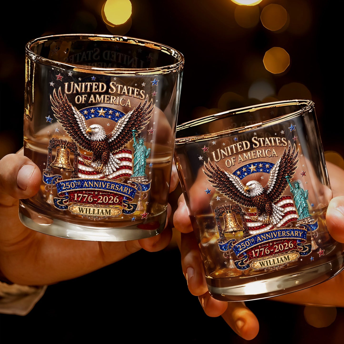 United States Of America Anniversary Eagle Flag Statue Of Liberty - Personalized Custom Whiskey Glass - INDE308_RWG