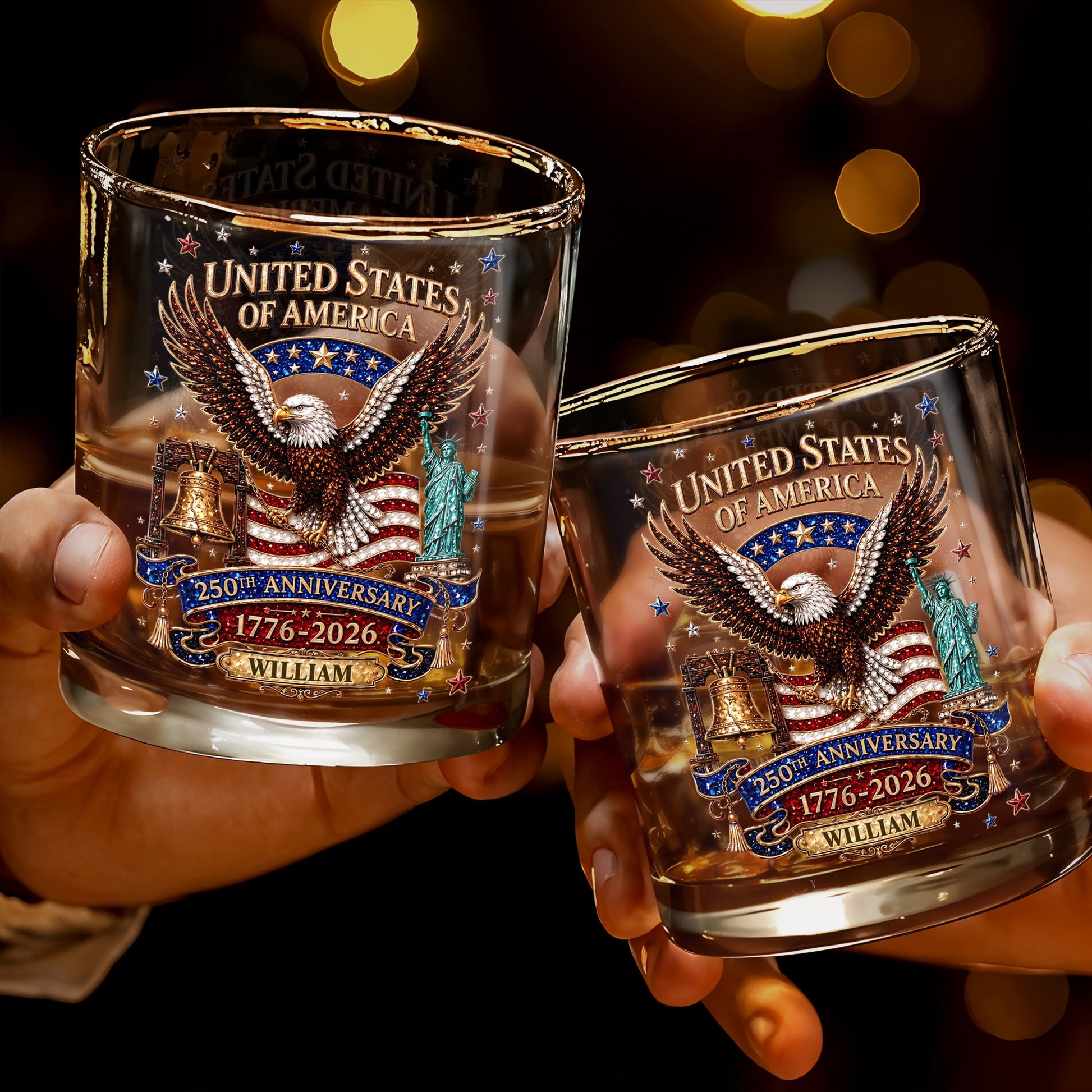 United States Of America Anniversary Eagle Flag Statue Of Liberty - Personalized Custom Whiskey Glass - INDE308_RWG