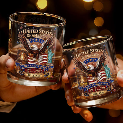 United States Of America Anniversary Eagle Flag Statue Of Liberty - Personalized Custom Whiskey Glass - INDE308_RWG