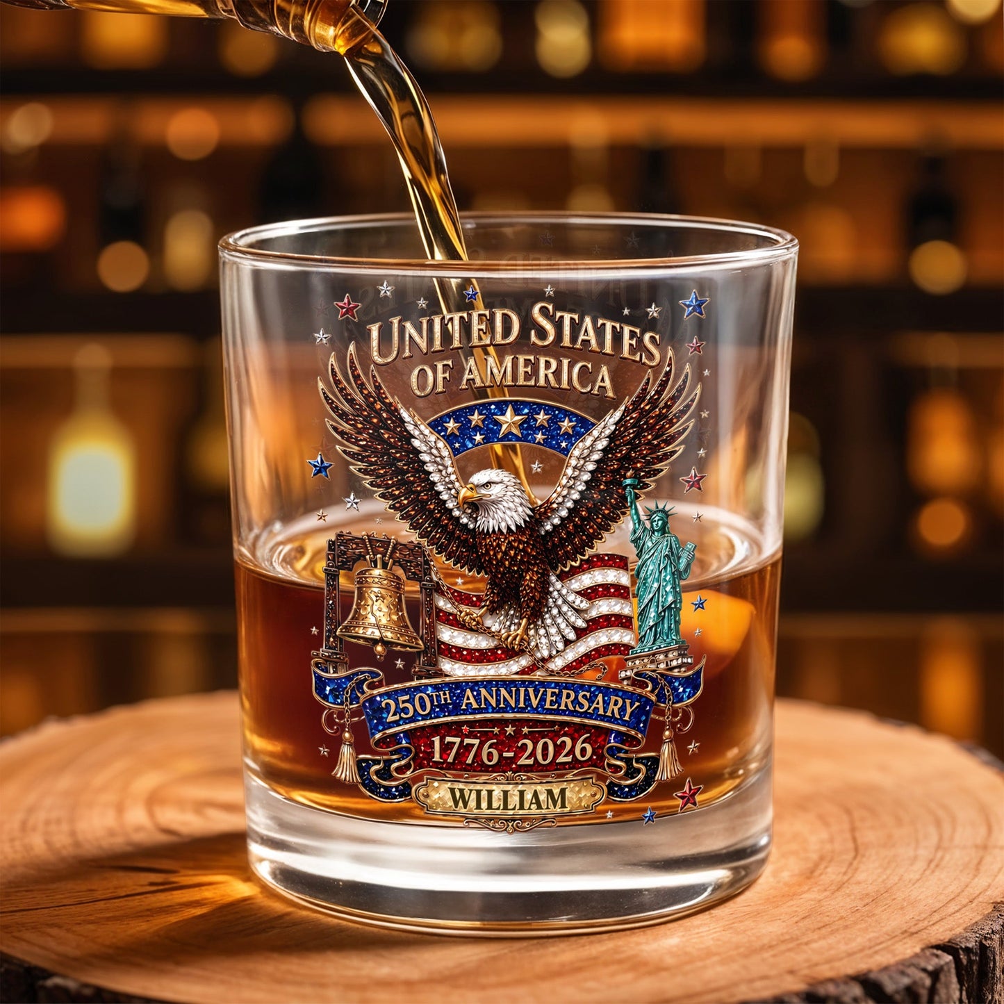 United States Of America Anniversary Eagle Flag Statue Of Liberty - Personalized Custom Whiskey Glass - INDE308_RWG