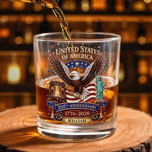 United States Of America Anniversary Eagle Flag Statue Of Liberty - Personalized Custom Whiskey Glass - INDE308_RWG