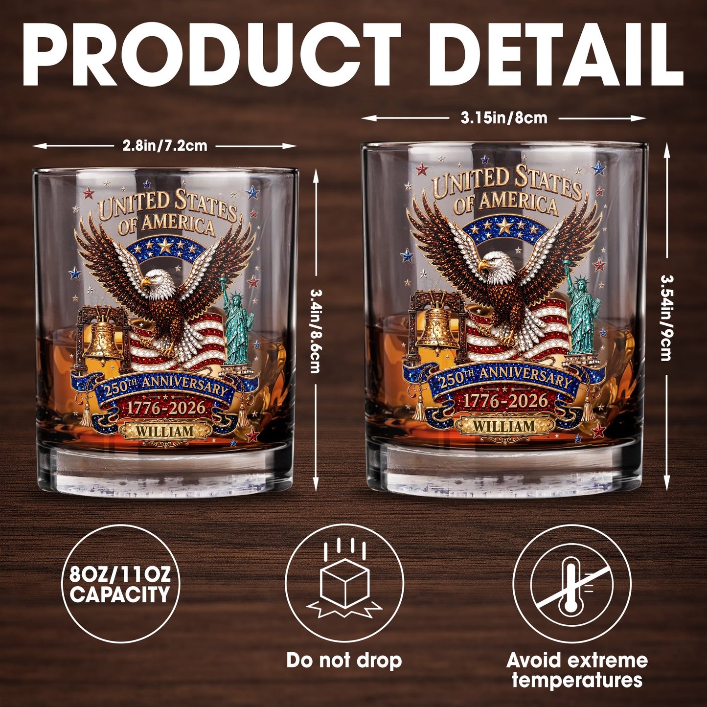 United States Of America Anniversary Eagle Flag Statue Of Liberty - Personalized Custom Whiskey Glass - INDE308_RWG