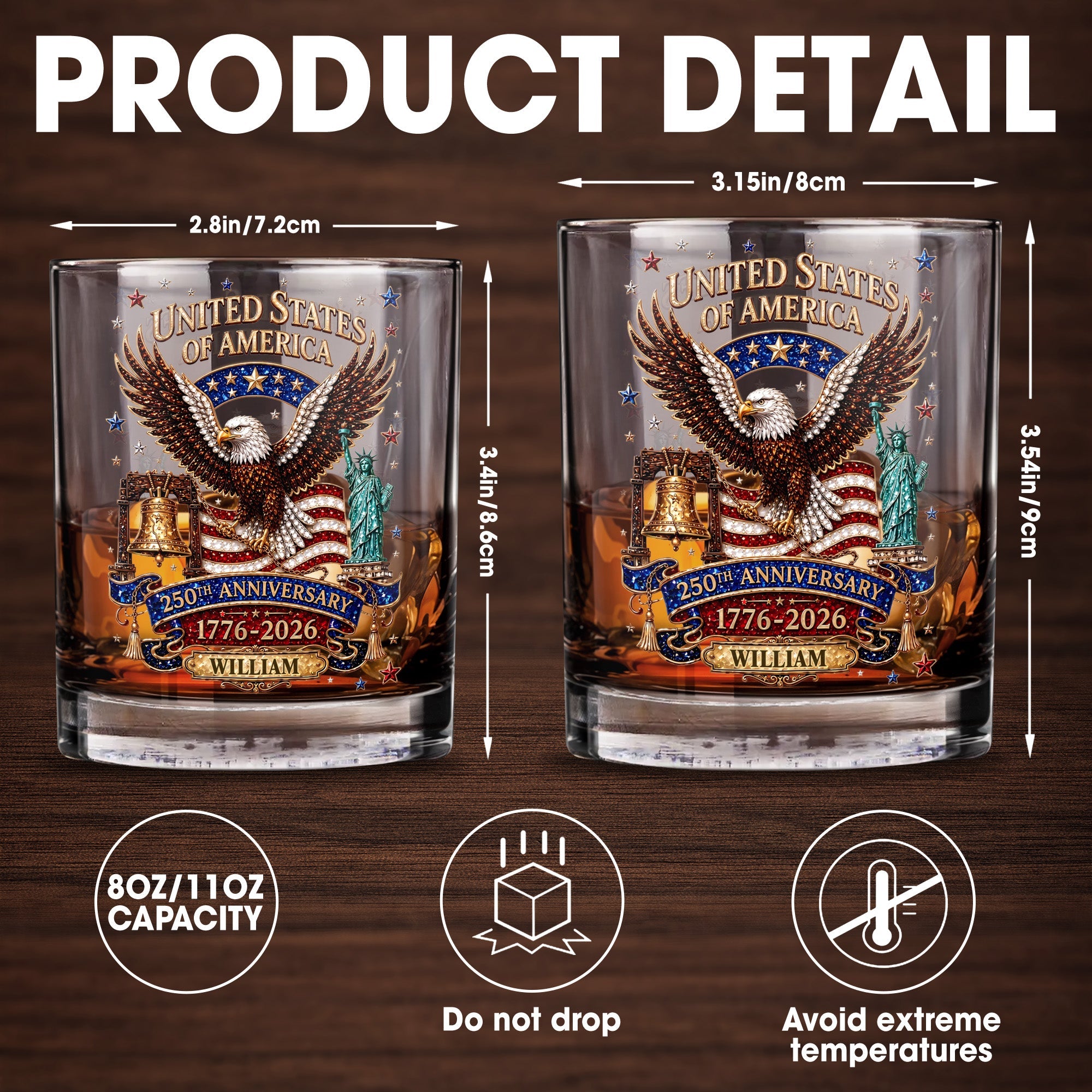 United States Of America Anniversary Eagle Flag Statue Of Liberty - Personalized Custom Whiskey Glass - INDE308_RWG