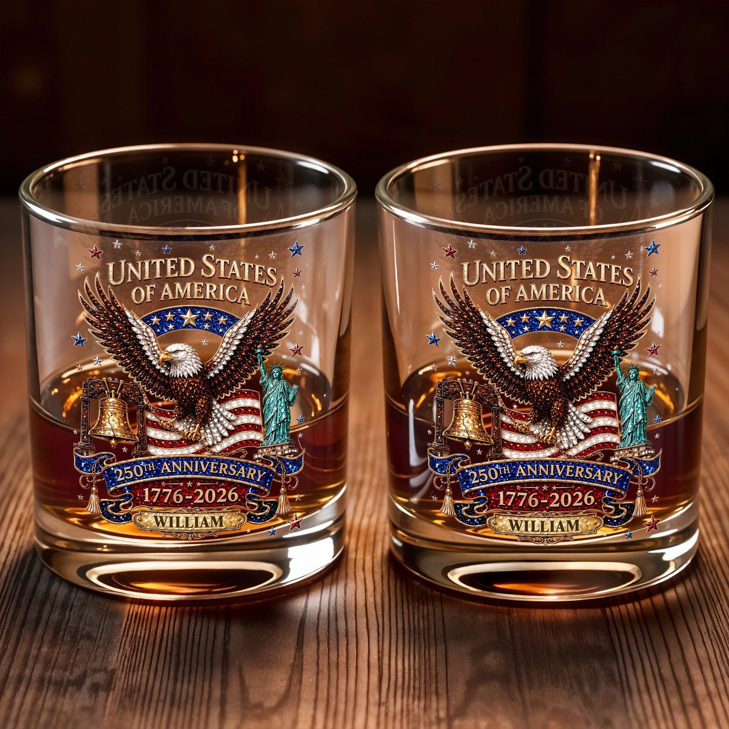 United States Of America Anniversary Eagle Flag Statue Of Liberty - Personalized Custom Whiskey Glass - INDE308_RWG