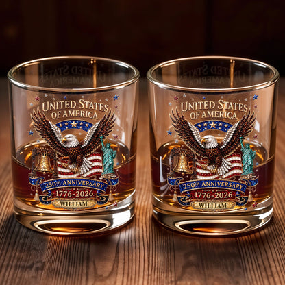 United States Of America Anniversary Eagle Flag Statue Of Liberty - Personalized Custom Whiskey Glass - INDE308_RWG