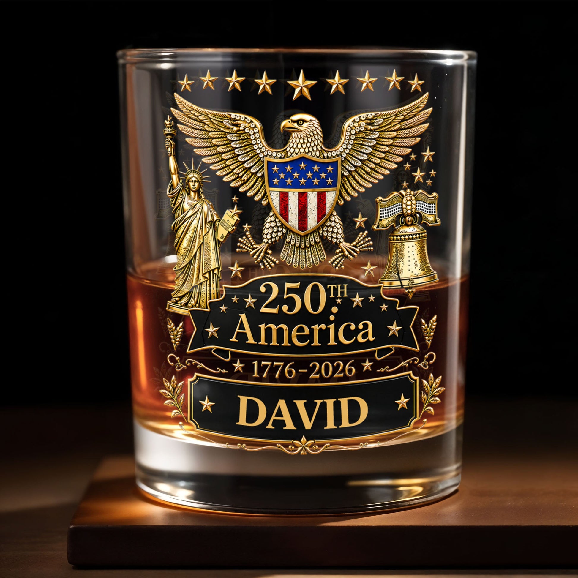 250th America Patriotic Eagle With Statue Of Liberty And Bell - Personalized Custom Whiskey Glass - INDE399_RWG