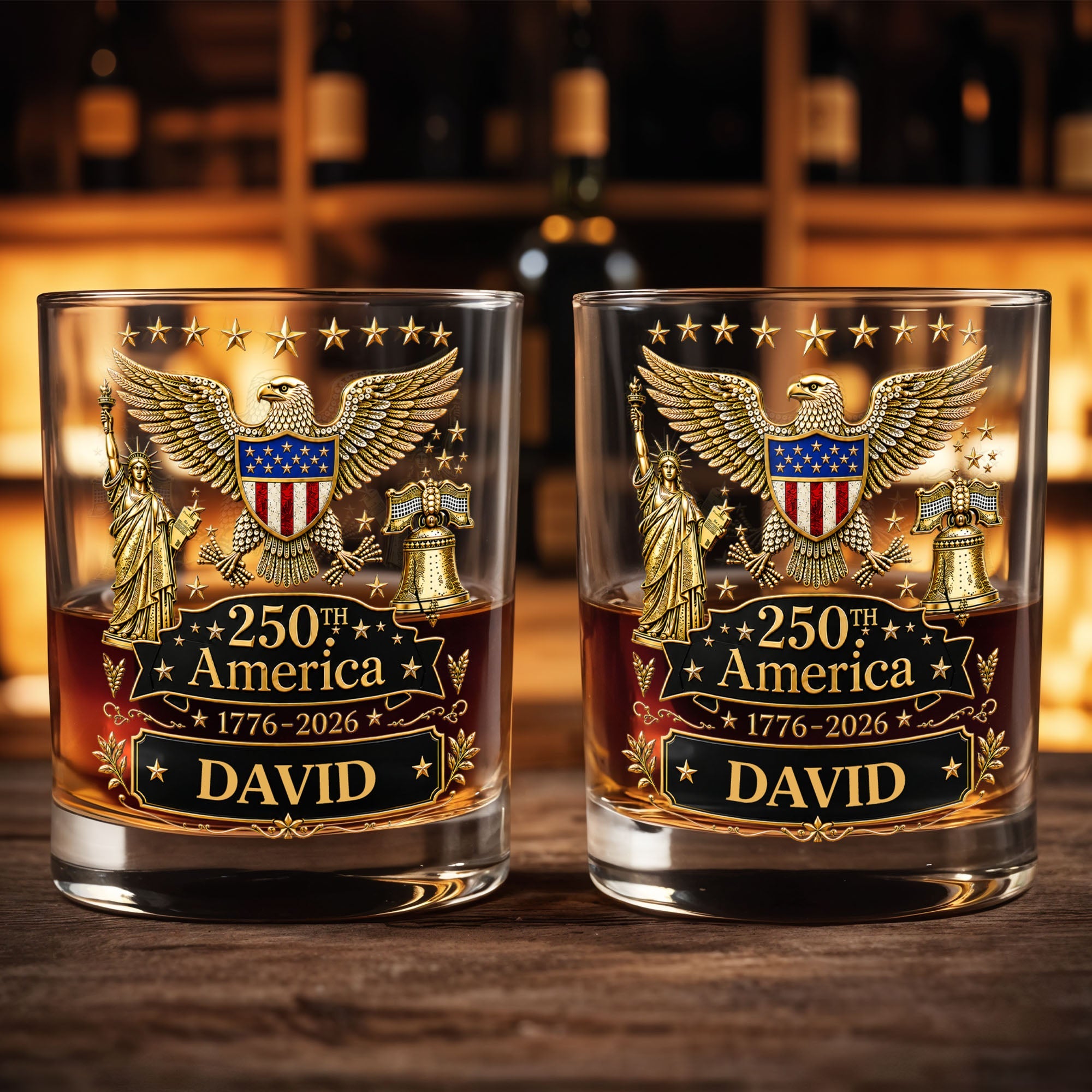 250th America Patriotic Eagle With Statue Of Liberty And Bell - Personalized Custom Whiskey Glass - INDE399_RWG