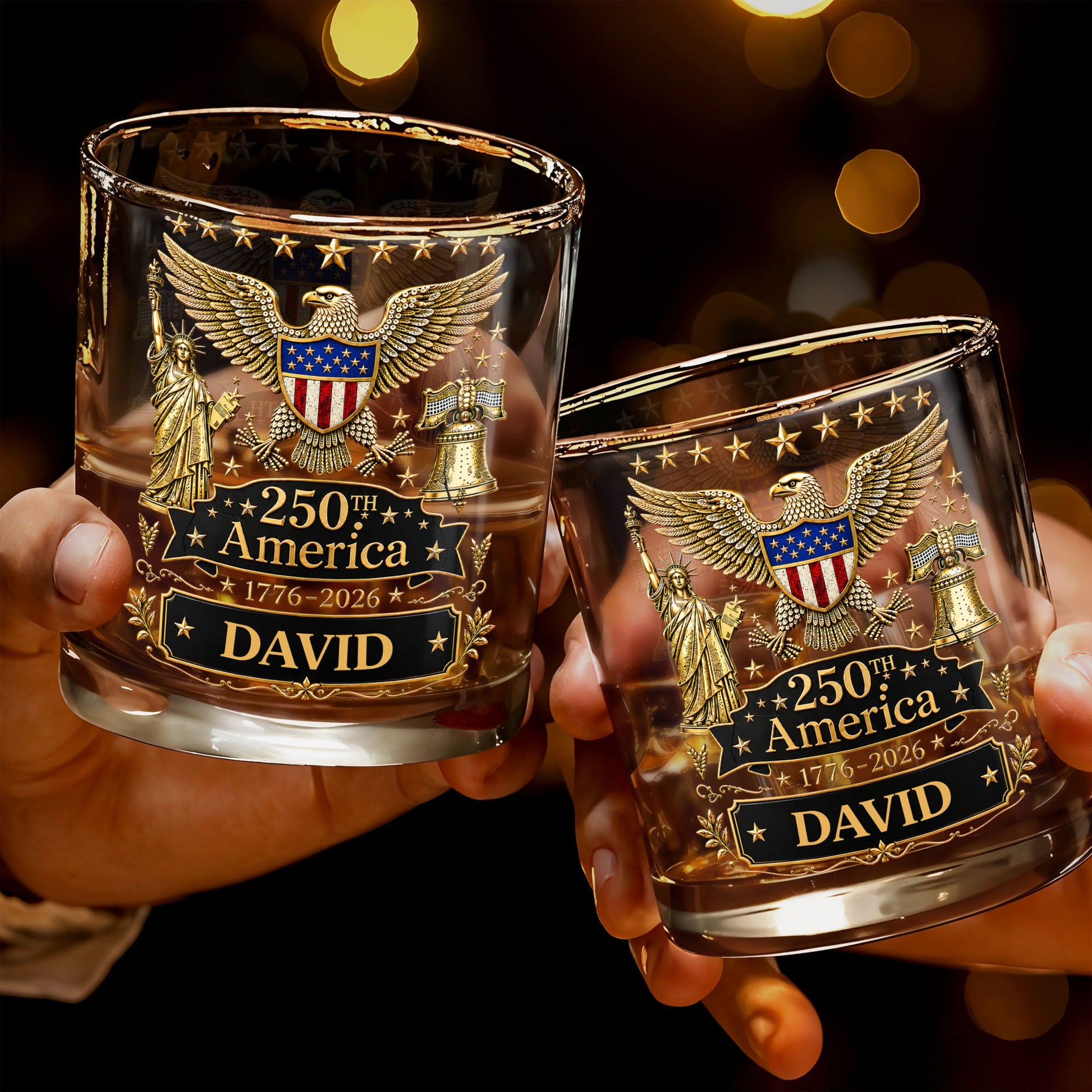 250th America Patriotic Eagle With Statue Of Liberty And Bell - Personalized Custom Whiskey Glass - INDE399_RWG