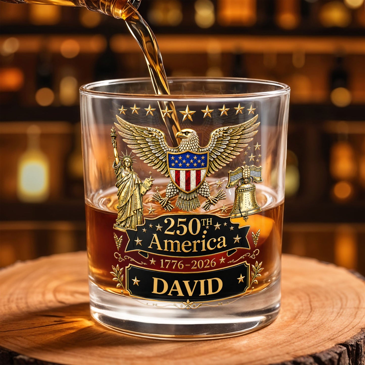 250th America Patriotic Eagle With Statue Of Liberty And Bell - Personalized Custom Whiskey Glass - INDE399_RWG