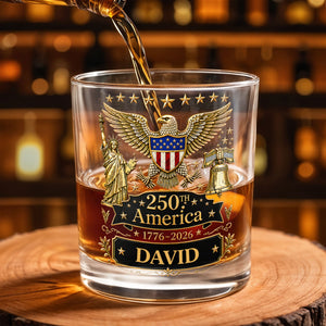 250th America Patriotic Eagle With Statue Of Liberty And Bell - Personalized Custom Whiskey Glass - INDE399_RWG